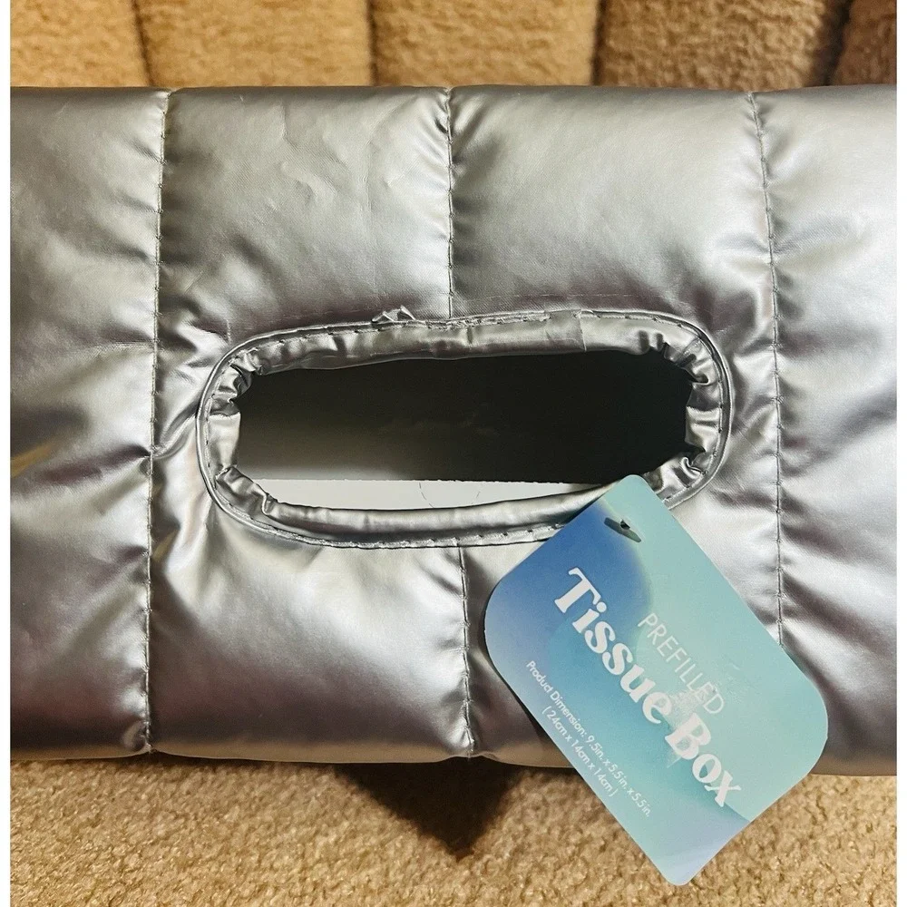 NEW W/ Tag TWO Shiny Silver Puffer Quilted Full Size Tissue Box Holders